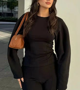 Solid Long Sleeve Top Elastic Long Straight Pants Sets